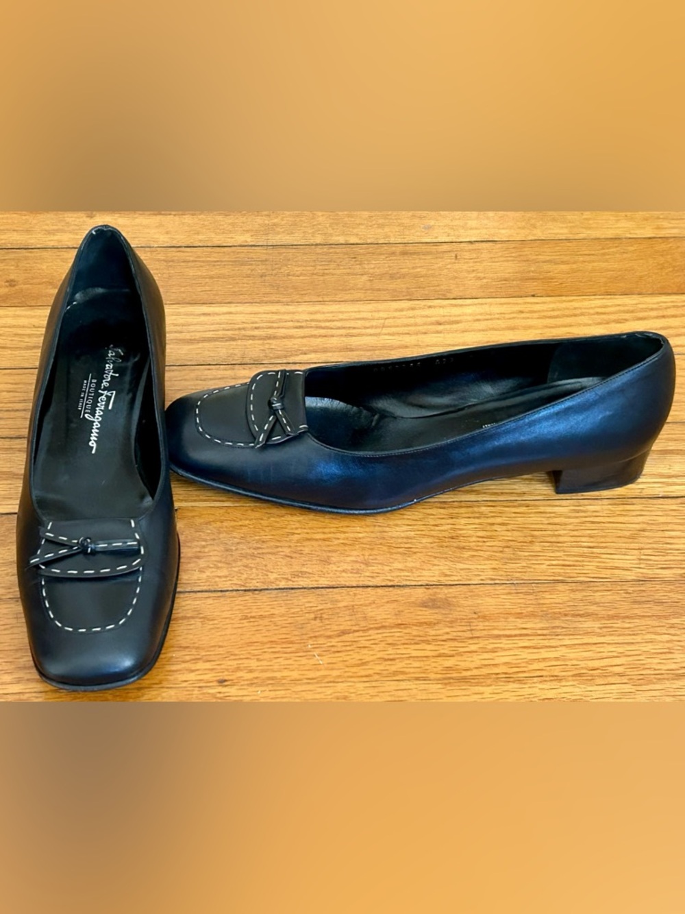 Salvatore Ferragamo Black Italian Leather Bow white stitching 9.5 Block low heel